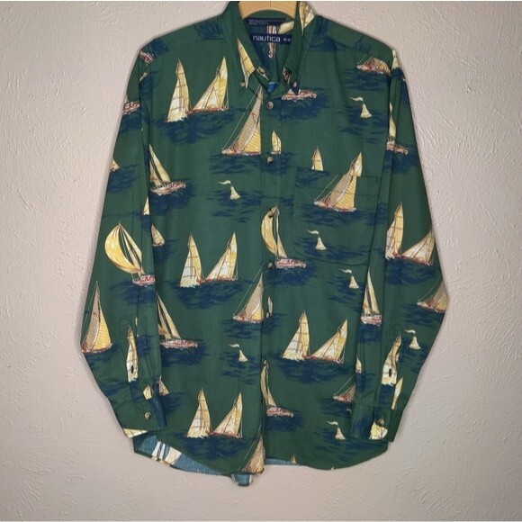 Nautica Green Sailboat/Novelty Print Long Sleeve Button Down Shirt Sz. Medium - Picture 1 of 7